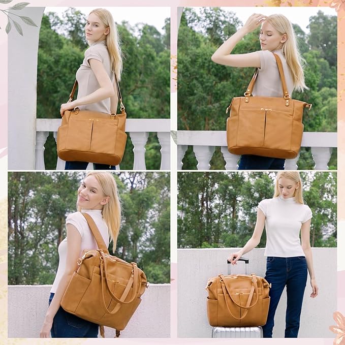 MOMINSIDE Diaper Bag Tote, Leather Diaper Bag Backpack with 14 Pockets for Mom Dad, Convertible Baby Bag for Boys Girls, Baby Registry, Changing Pad, Large 4 Insulated Pockets (Biscuit)