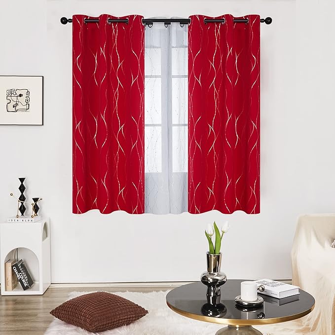 Deconovo Blackout Curtains, Christmas Red Curtain, Thermal Insulated Noise‑Reducing Drapes, Wave Line Dot Foil Print, 42 x 45 Inch, 2 Panels, Machine‑Washable Window Curtain for Home Party Living Room