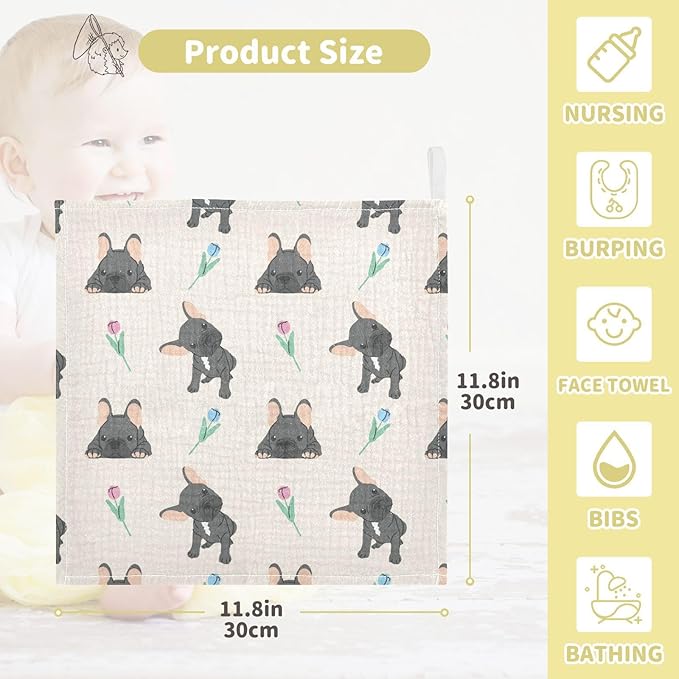vvfelixl Baby Cotton Washcloths Black French Bulldog Infants Bath Towel for Unisex Face Towels for Newborn, Natural Baby Wipes Delicate Skin, 11.8 X 11.8 inch, one sizex3