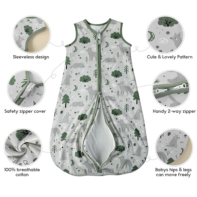 Yoofoss Baby Sleep Sack 12-18 Months TOG 1.0 Baby Wearable Blanket, 2 Pack 100% Organic Cotton Infant Toddler Sleeping Sack 2-Way Zipper Lightweight Sleep Sack