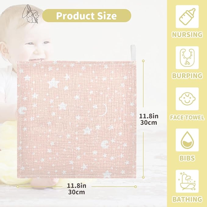 vvfelixl Baby Muslin Washcloths, Moon Star Baby Burp Cloths, Cotton Baby Face Towel for Newborn Infants Boys Girls Soft and Absorbent 11.8 X 11.8 in, 3 Pack Pink