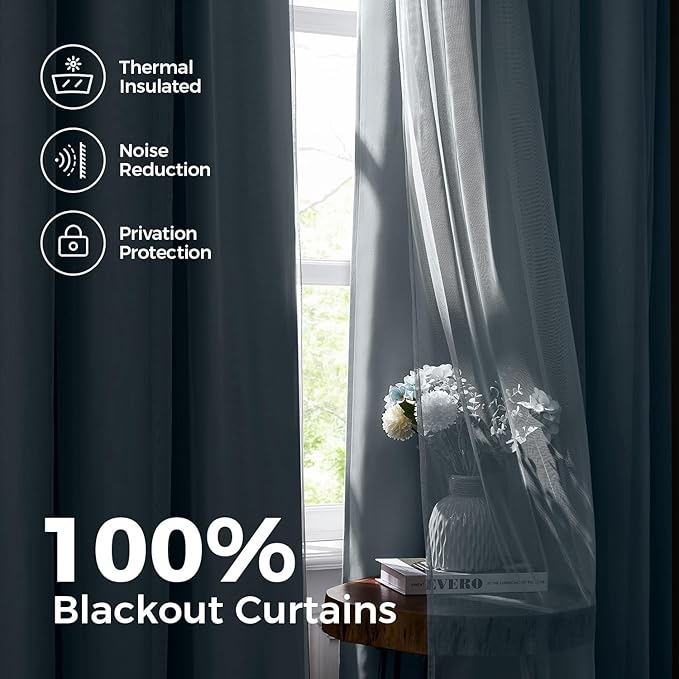 100% Blackout Curtains for Bedroom, Double Layer Blue Curtains, Black Out Curtain 63 inch Long with Sheer Overlay for Living Room, Room Darkening Window Drapes with Grommet, 52" W x 63" L