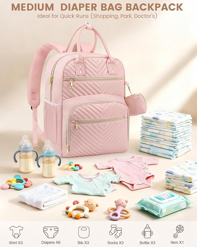 Diaper Bag Backpack,Baby Essentials Diapers Bag with Pacifier Case,Multipurpose Stylish Large Capacity Travel Backpack for Baby Girl/Boy(M-Pink)