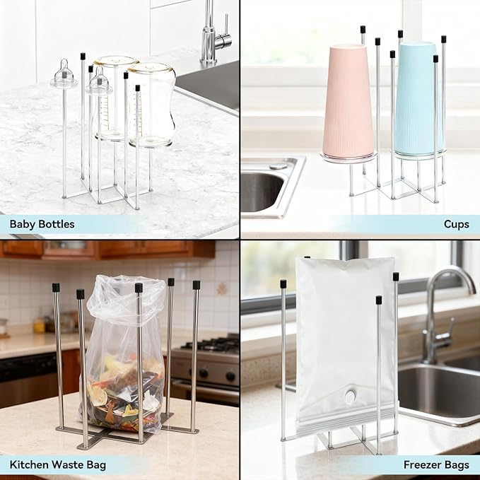 Hogarbliss Foldable Baby Bottle Drying Rack – 8-Pole Collapsible Bottle Organizer, suitable for cups, silicone bags, and kitchen waste bags – Space-Saving Countertop Dryer for Home & Travel (Silver)