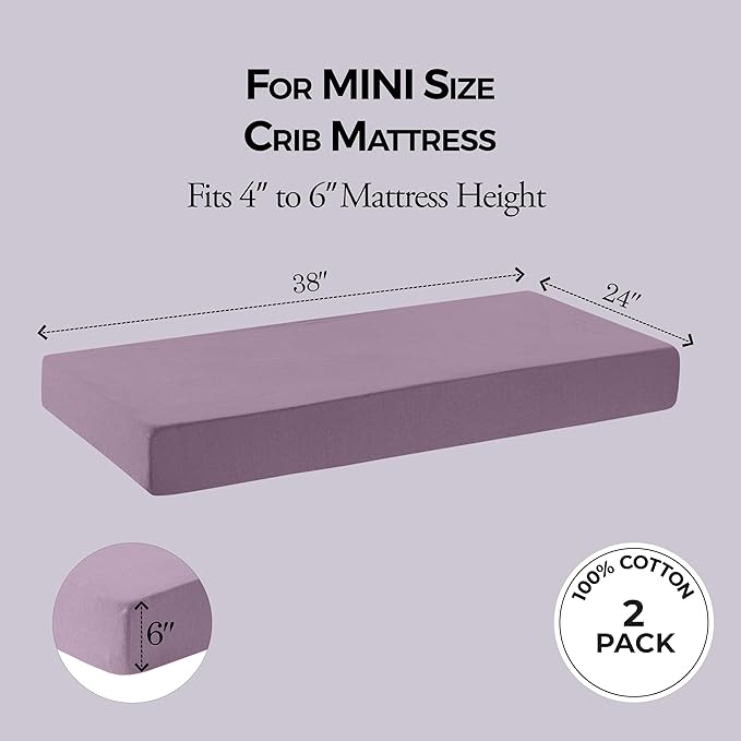 Dreamology Mini Crib Sheets Fitted for Boys,Girls,100% Cotton Crib Sheets,2 Pack,Pack and Play Sheets,Baby Mattress Sheets,Pack n Play Sheets,Crib Sheet,24 x 38 Mini Crib Sheets | Purple,Pink