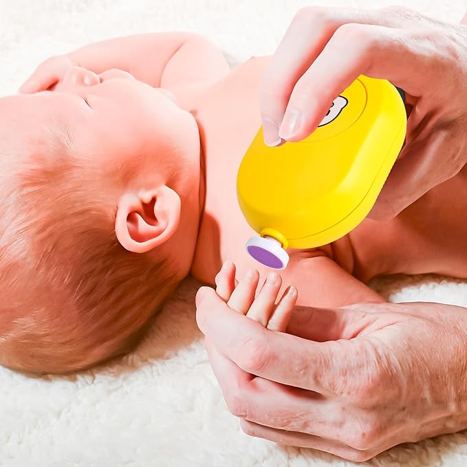 Electric Baby Nail File, Safe and Gentle Electric Baby Nail Trimmer with Interchangeable Pads, Low Noise Newborn Nail File and Baby Nail Buffer, Compact Nail Trimmer for Baby Grooming Kit (Yellow)