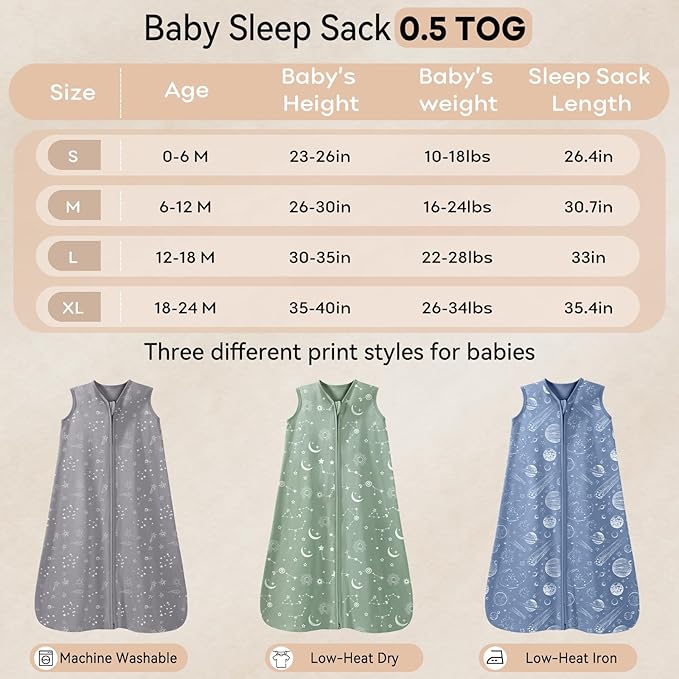 Unnivoll Baby Sleep Sack 0-6 Months 3 Pack 100% Cotton Lightweight 0.5 TOG Wearable Blanket Baby Sleep Bag with 2-Way Zipper for Newborn Infant