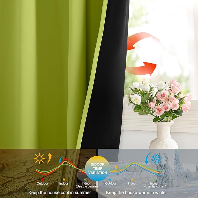 NICETOWN Forest Green 100% Blackout Window Curtain Panels, Cold and Full Light Blocking Drapes with Black Liner for Nursery, 84 Inches Long Drop Thermal Insulated Draperies (52 inches Wide, 2 Pieces)