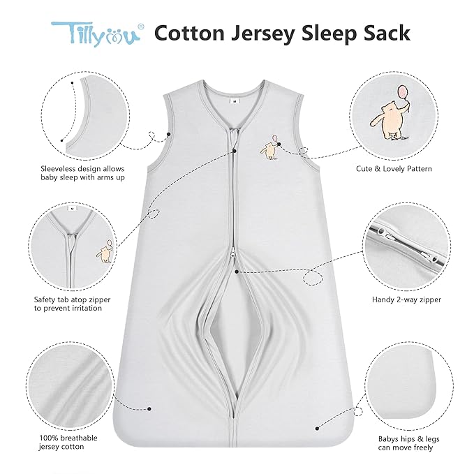 TILLYOU 2 Pack Baby Sleep Sack 12-18 Months 100% Cotton Wearable Blanket 0.5 TOG Sleeveless Summer Sleep Sacks with 2-Way Zipper, Bear Forest & Grey