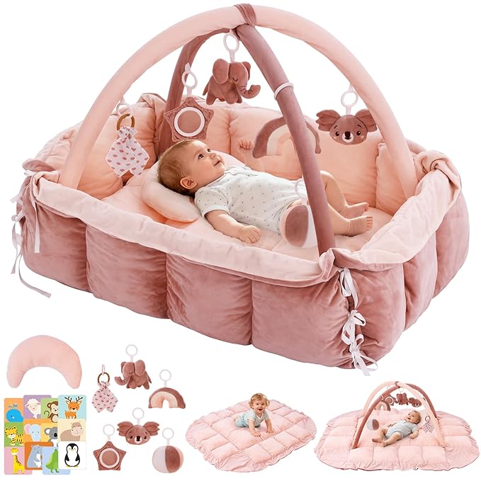 5-in-1 Baby Play Gym and Tummy Time Mat, Tummy Time Pillow & 12 Learning Cards, Plush Activity Mat with 6 Toys, Baby Gym, Convertible to Ball Pit, Baby Gift, Pink