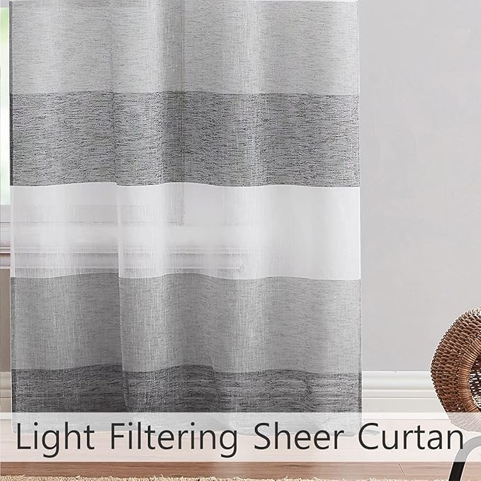 Central Park Gray Charcola Stripe Sheer Color Block Window Curtain Panel Linen Texture Window Treatment for Bedroom Living Room Farmhouse 102 Inches Long with Grommets, 40"x102"x2
