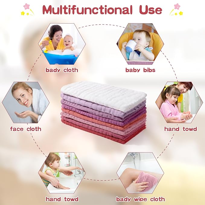 Remagr 8 Packs Muslin Burp Cloths Large 20" x 10", 6 Layers Unisex Baby Absorbent 100% Cotton Burp Rags Colorful Muslin Washcloths for Baby Plain Soft Cotton Cloth for Babies Girls Boys(Vivid Colors)