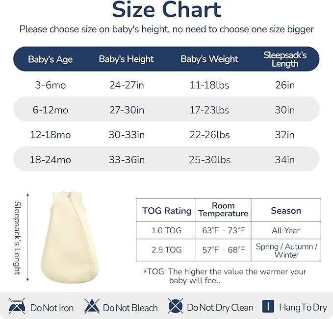 usbettas 1.0 Tog 2.5 Tog Baby Sleep Sack, 100% Cotton Baby Sleeping Bag 3-24M, 2-Way Zipper Baby Wearable Blanket