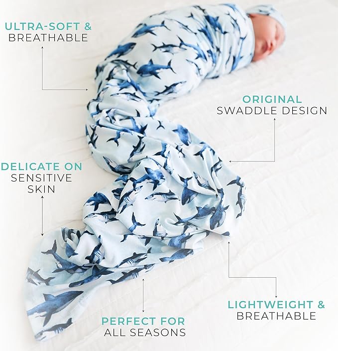 Posh Peanut Baby Swaddle Blanket & Beanie - Matching Newborn Swaddle Set, Doubles As Receiving Blanket or Nursing Cover (Sharks)