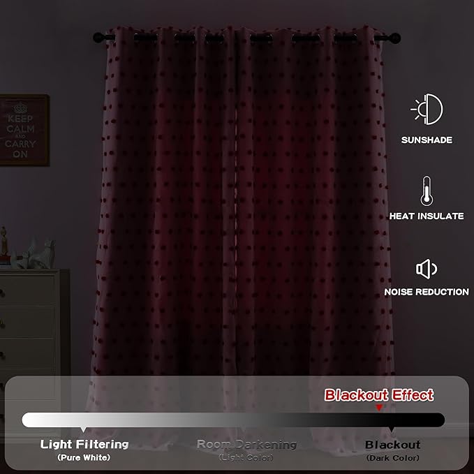 MYSKY HOME 90 Inches Long Living Room Curtains with Red Pom Pom Sheer Nursery Curtain Girl Blackout Drapes for Bedroom Double Layer Room Darkening Window Panels for Toddler Grommet, 52" Wide, 2 Pieces