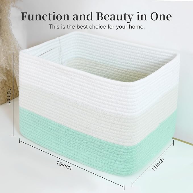 Hopegiver 1 Pack Rainbow Woven Storage Baskets for Shelves, 15x11x10 Inch Cotton Rope Decorative Organizer Bins for Blanket Clothes Book Baby Pet, Colorful Toy Basket for Nursery, Kids Room, Playroom