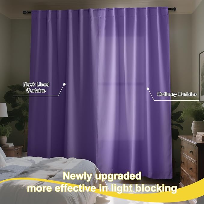 NICETOWN Lilac Purple 100% Blackout Curtains for Bedroom, 52x84 Inches Set of 2 for Living Room, Rod Pocket Back Tab & Noise Reducing Drapes Black Lined Insulated Window Treatment Panels
