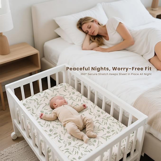 Konssy 3 Pack Stretchy Bassinet Sheets for Baby Girl Boy, Soft Breathable Baby Bassinet Mattress Sheets Fit for Hourglass Oval Cradle, Moses Basket Rectangle Mattress (Green Leaves)