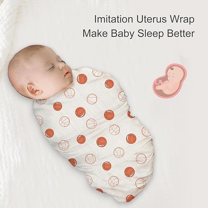 70% Rayon Made from Bamboo 30% Cotton Muslin Swaddle Blanket, 47 x 47 Inches, Basketball Print Baby Receiving Blanket, Soft and Breathable, Unisex, 4 Pack