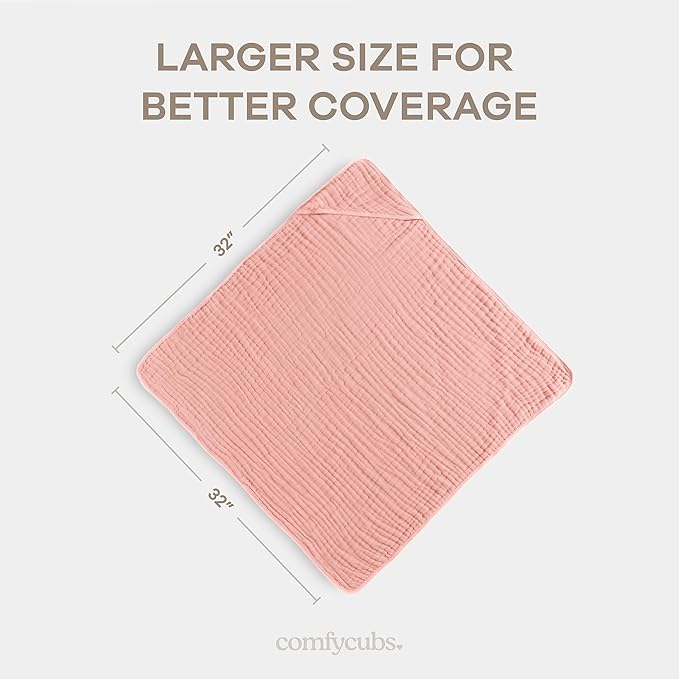 Comfy Cubs Hooded Baby Towel 2-Pack, Large 32 x 32 Inch - 6 Layer 100% Muslin Cotton for Babies, Toddlers and Kids - Soft & Absorbent Baby Bath Towels - Unisex Design for Bath Time - Bold Blush