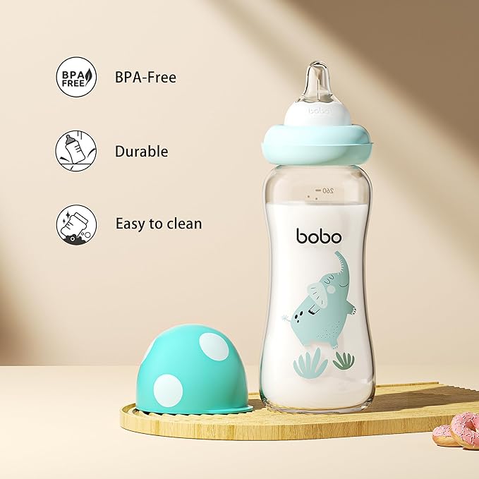 YOHKOH Natural Glass Baby Bottle with Level 2 Medium Flow Nipple, Newborn Anti-Colic Baby Bottles, Wide Neck Mushroom Baby Glass Bottle (8.8ounce (Pack of 4), Blue2)