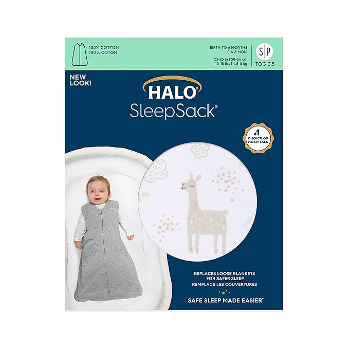 HALO SleepSack, 100% Cotton Wearable Blanket, Swaddle Transition Sleeping Bag, TOG 0.5, Llama Sand, Size X-Large, 18-24 Months