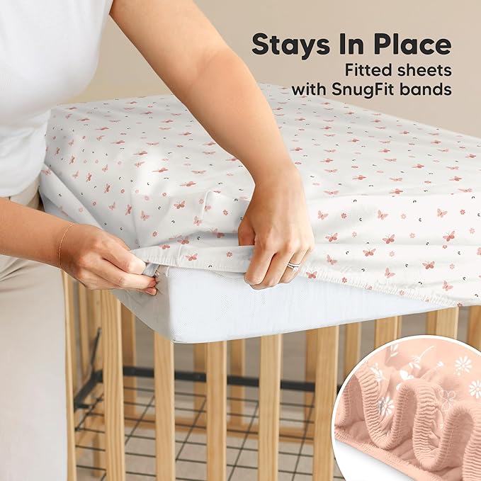 2-Pack Waterproof Crib Sheets for Boys, Girls - 52x28 Fitted Organic Cotton Baby Crib Sheets, Toddler Mattress Protector Cover, Washable, Soft & Durable Baby Bedding Essentials (Butterflies)