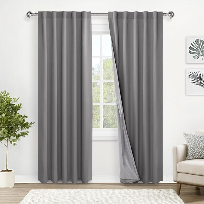 XWZO 100% Blackout Curtains 84 Inches Long with Tiebacks- Rod Pocket & Back Tab Privacy Protection and Noise Reducing Window Draperies with Black Liner, Grey, W42 x L84, Set of 2