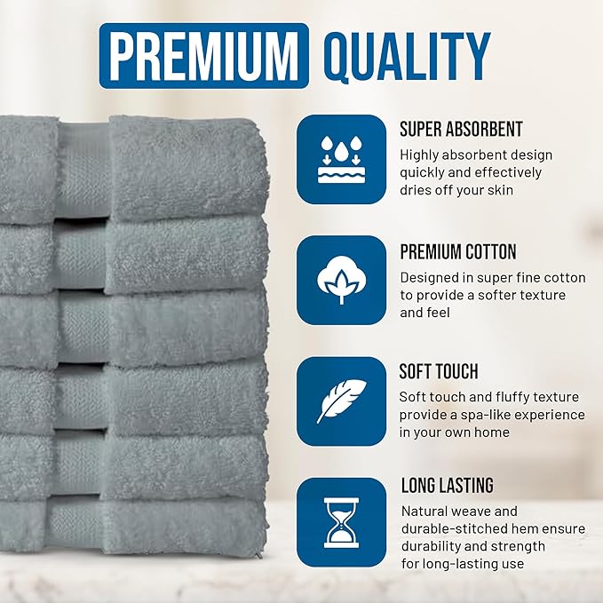 Organic Cotton Wash Cloths Plush Feather Touch Quick Dry Wash Cloths Pack of 12 GOTS & Oeko- TEX Certified | Premium Soft, Absorbent, Small Hand Face Towels Wash Rags– Light Gray