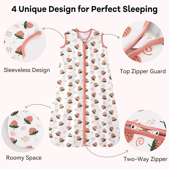 Unnivoll Baby Sleep Sack 0-6 Months 0.5 Tog Wearable Blanket Baby, 3 Pack 100% Cotton Lightweight Sleeping Sack with 2-Way Zipper for Newborn Infant Strawberry