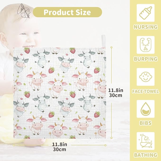 vvfelixl Cow Pink Cartoon Strawberry Baby Burp Cloths Baby Muslin Washcloths for Boys Girls Cotton Babys Face Towel for Newborn Infants Soft and Absorbent 11.8 X 11.8 in, 5 Pack