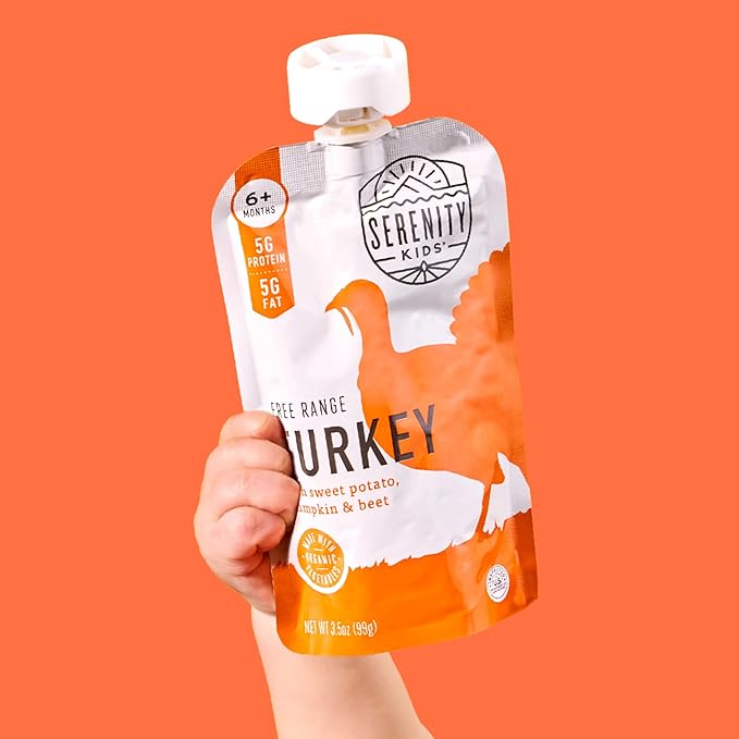 Serenity Kids 6+ Months Turkey Baby Food Pouches - No Added Sugar Pumpkin Puree - BPA-Free Baby Food Pouch for Toddler Snacks - 3.5 Oz, Pack of 12