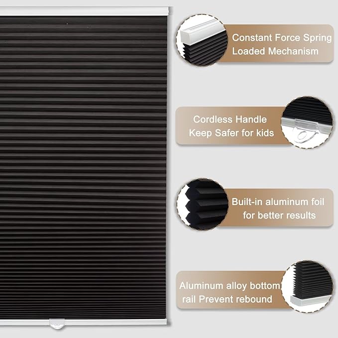MYshade Cordless Blackout Cellular Shades, 1.5" Honeycomb Window Blinds for Bedroom & Nursery, Thermal Insulated, Noise Reducing, Privacy Shades, Inside or Outside Mount (24" W x 36" H, Black)
