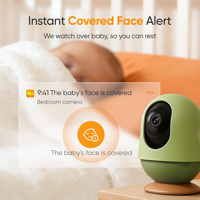 Monai Smart Baby Monitor - 3K HD WiFi Video Baby Camera with 7 AI Features, Pan-Tilt, 6X Zoom & Night Vision, Instant Alerts for Cry/Sound/Sleep/Face Covered/Motion, No Monthly Fee, Nursery Monitor