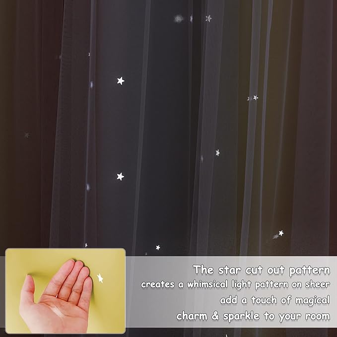 NICETOWN 2 Panels Star Blackout Curtains for Kids Girls Bedroom Aesthetic Living Room Colorful Double Layer Cut Out Rainbow Window Home Decoration Curtain, Yellow & Orange & Grey, W52 x L84
