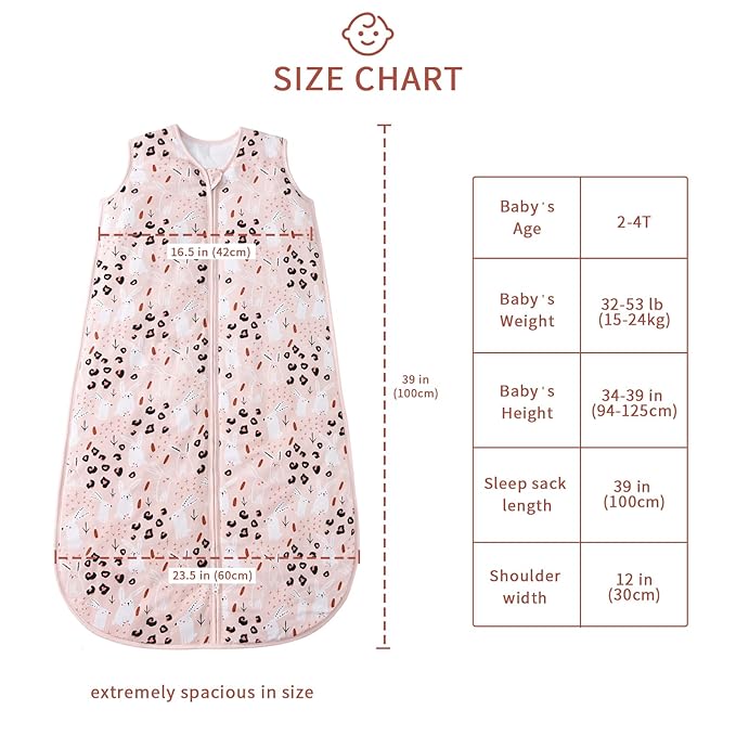 TADO MUSLIN Baby Sleep Sack 2-4 T 95% Rayon from Bamboo 5% Spandex Warm Girls Wearable Blanket 1.0 TOG Toddler Sleeping Sack 2- Way Zipper X-Large Pink Bunny