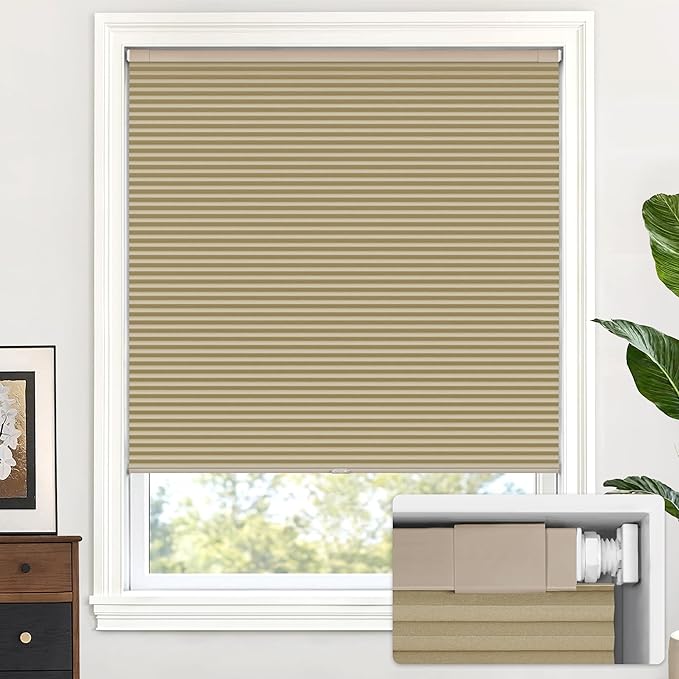 LazBlinds Cordless Cellular Shades, No Tools No Drill Blackout Honeycomb Shades Pleated Blinds for Windows, 43'' W x 48'' H, Taupe