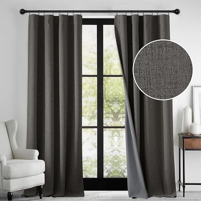 RYB HOME 100% Blackout Linen Textured Curtains 108 inches Long, Thermal Insulating Privacy Energy Saving for Bedroom Living Room Window Office Theater Baby Nursery, W 52 x L 108 in, Grey, 2 Panels