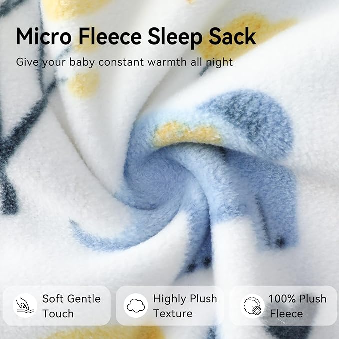 Unnivoll Fleece Baby Sleep Sack 12-18 Months 1.0 Tog Baby Wearable Blanket Microfleece Sleeping Sack with 2-Way Zipper for Toddler Infant Yellow & White Elephant