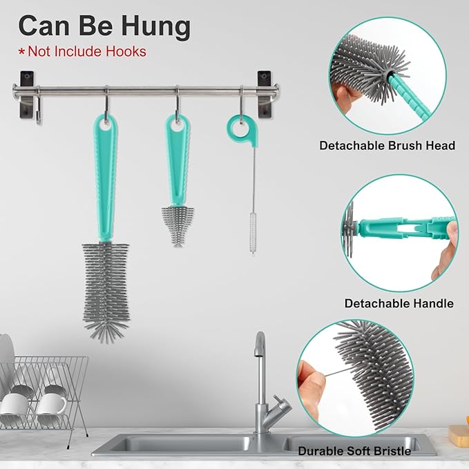 YomauiYee 6 in 1 Bottle Brush Set,Bottle Cleaner Brush Kit with Bottle Brush,Drying Rack,Nipple Brush,Straw Brush,Soap Dispenser&Storage Box,Portable Baby Essentials for Home&Travel