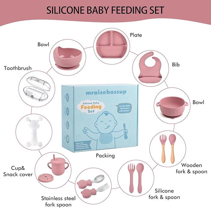 Silicone Baby Feeding Set 15 Pcs，Baby Spoons Suction Bowl Divided Plate Bib Cup Finger Brush ，Baby Led Weaning Supplies,Baby & Toddler Silicone Plates and Bowls Dining Set（pink）