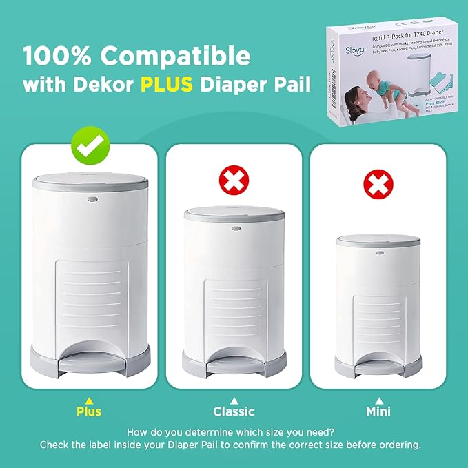 Sloyar Refills Compatible with DEKOR CLASSIC Diaper Pails/3 Pack/30% Thicker Design/Suitable for Seniors and Infants/Baby Powder Fragrance/Holds up to 1740 Diapers