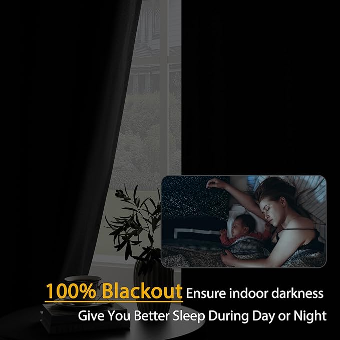 Light Weight Curtains 100% Blackout Linen Textured Curtains 84 Inch Length for Living Room, Bedroom,Full Blackout Curtains with Grommets Top, Black, 66" W x 84" L, 2 Panels