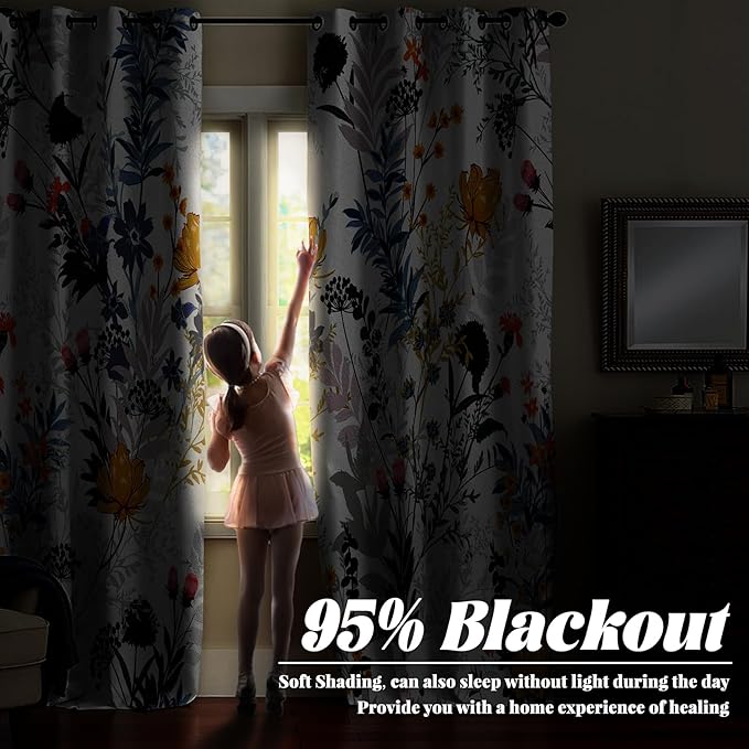 Renaiss Botanical Plants Blackout Curtains, Wild Flowers Plants Print Thermal Insulated Bedroom Window Curtains, Boho Floral Window Drapes for Living Room, 63" L x 53" W 2 Panel Set