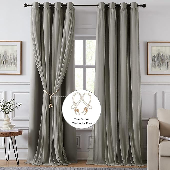100% Blackout Curtains for Bedroom, Double Layer Grey Curtains, Black Out Curtain 96 inch Long with Sheer Overlay for Living Room, Room Darkening Window Drapes with Grommet, 52" W x 96" L