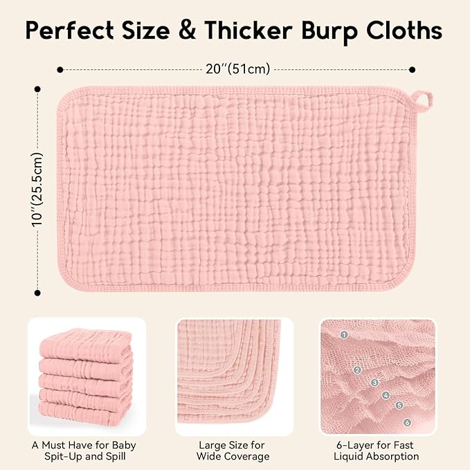 Unnivoll Muslin Burp Cloths for Baby 100% Cotton Burping Cloths for Boys Girls Large 20''X10'' Extra Soft and Absorbent 12 Pack - Flesh Pink