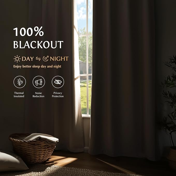 Beauoop 100% Blackout Curtains 96 Inch Long 2 Panels for Bedroom Living Room Beige Solid Room Darkening Thermal Insulated Soundproof Energy Saving Grommet Top Window Treatment Drapes,52x96, 2 Set