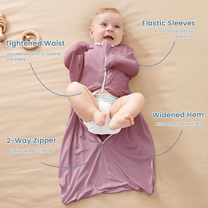 ZIGJOY Shark-Fin Transitional Swaddle for Newborn - 0.5 Tog Rayon Made from Bamboo Transition Swaddle Sleep Sack 6-12 Months Baby Arms Up Swaddle Blanket with 2-Way Zipper, Pink&Purple