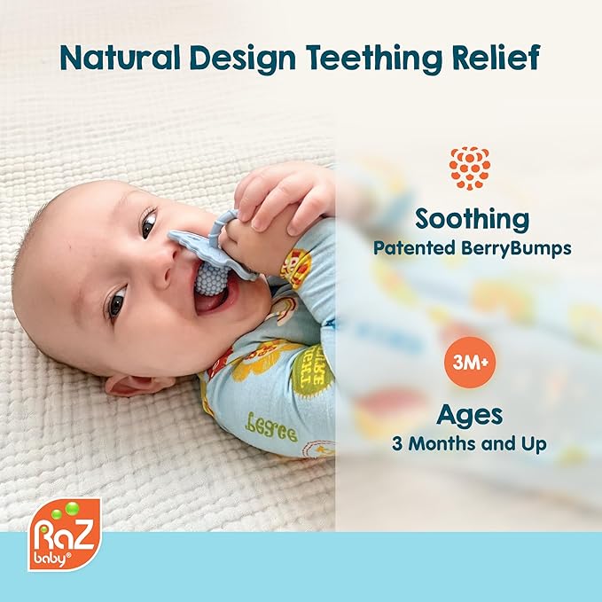 RaZbaby RaZberry Silicone Teether Pacifier – Teething Relief for Infants, Food-Grade, BPA-Free, Hands-Free, Natural Berrybumps Fruit Texture for Sensory Development, Freezable, 2-Pack - Green & White