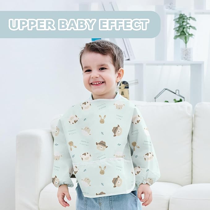 Little Dimsum Full Sleeved Feeding Bib 2 Pack,Baby & Toddler Waterproof Bib Apron,Food Protection Large Pocket Eating Smock 6-36 Months(Hat Bear&owl)